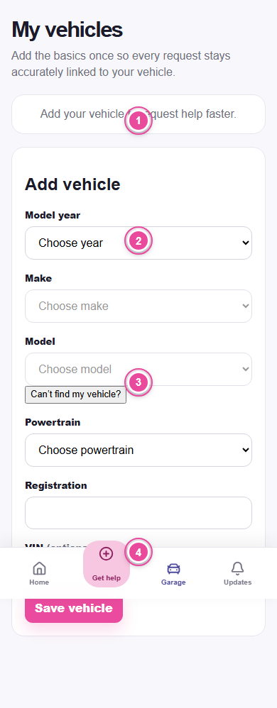 PHIXTT Garage showing a saved vehicle card, Edit control, Archive control, and Add vehicle button.