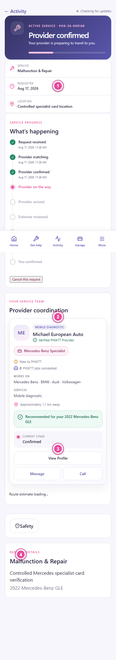 PHIXTT Safety Centre showing emergency call, support, trusted sharing, provider identity, and concern report controls.