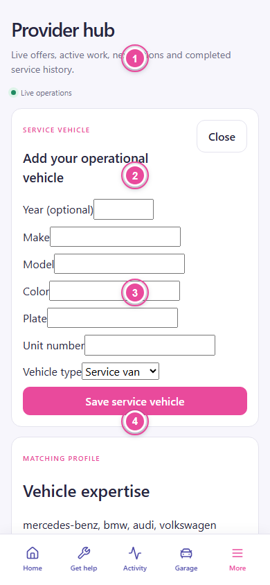 PHIXTT provider application vehicle expertise step with makes, specialty groups, powertrains, exclusions, and service-specific rules numbered.